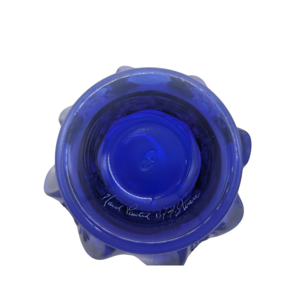 Fenton Glass HP Artist Signed Cobalt Blue Paisley Swirl Candy Jar & Lid - Picture 4 of 16
